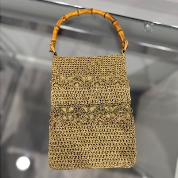 Unbranded Handbags - From India Tan Wooden Handle Sparkly Mini Bag Magnetic One Button Closure